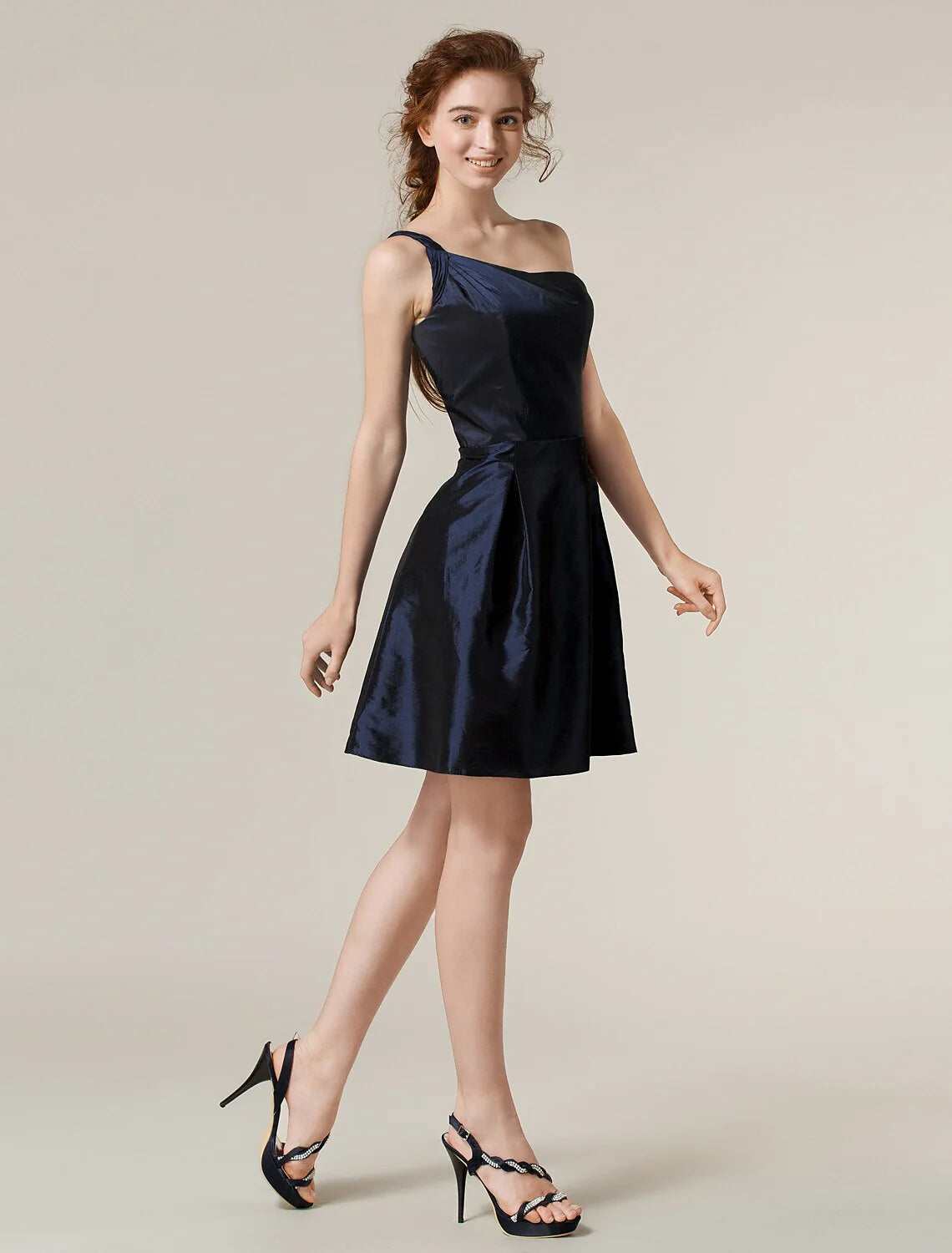 A-Line / Princess One Shoulder Short / Mini Taffeta Bridesmaid Dress with Pleats