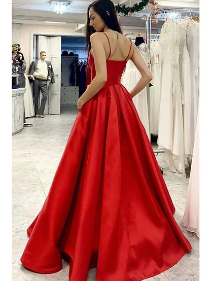 A-Line Prom Dresses Minimalist Dress Formal Floor Length Sleeveless V Neck Pocket Satin with Pleats