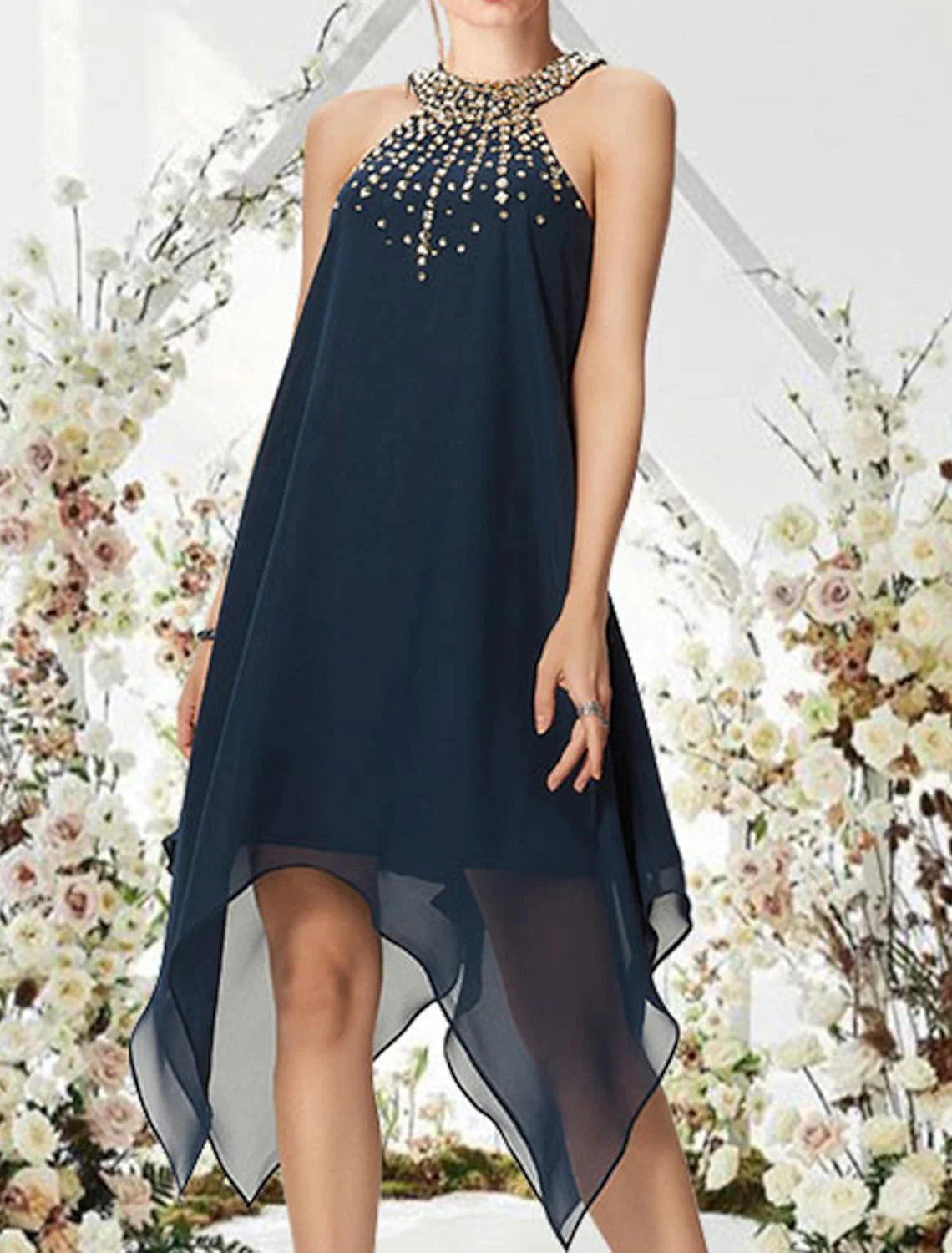 A-Line Cocktail Dresses Flirty Dress Wedding Guest Asymmetrical Sleeveless Halter Chiffon with Crystals Beading