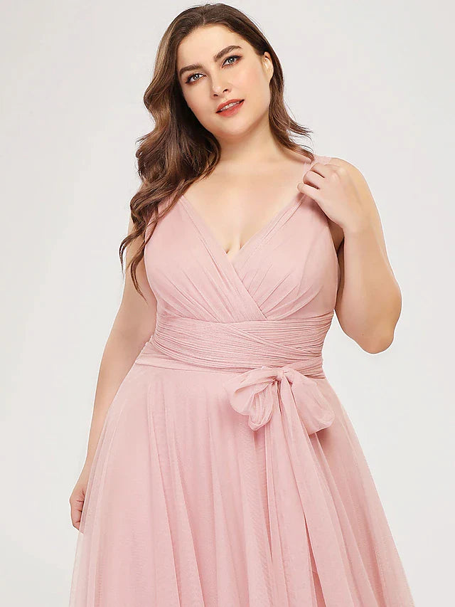 A-Line Bridesmaid Dress V Neck Sleeveless Plus Size Floor Length Tulle with Bow(s) / Ruching / Bandage