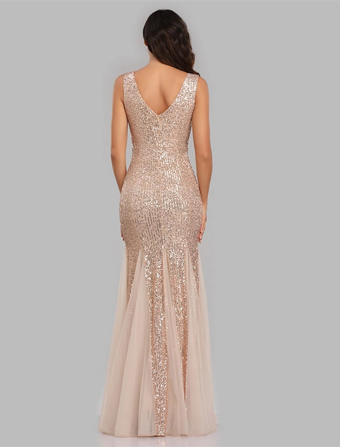 Sheath Mermaid Sleek Glitter Sparking Sequins Evening Dress Sleeveless Wedding Guest Gown  Floor Length  V Neck Prom Dress