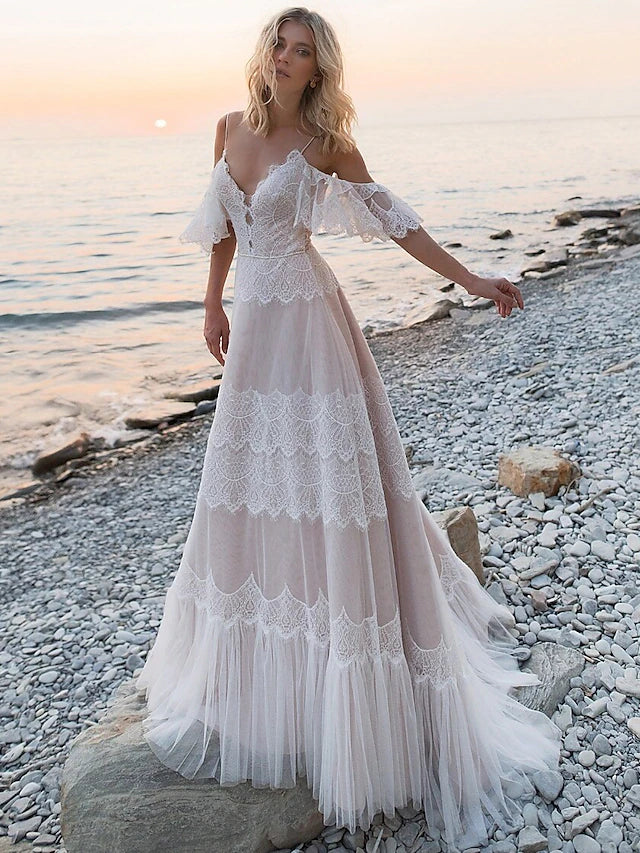 Beach Open Back Boho Wedding Dresses Sweep / Brush Train A-Line Short Sleeve V Neck Lace With Lace