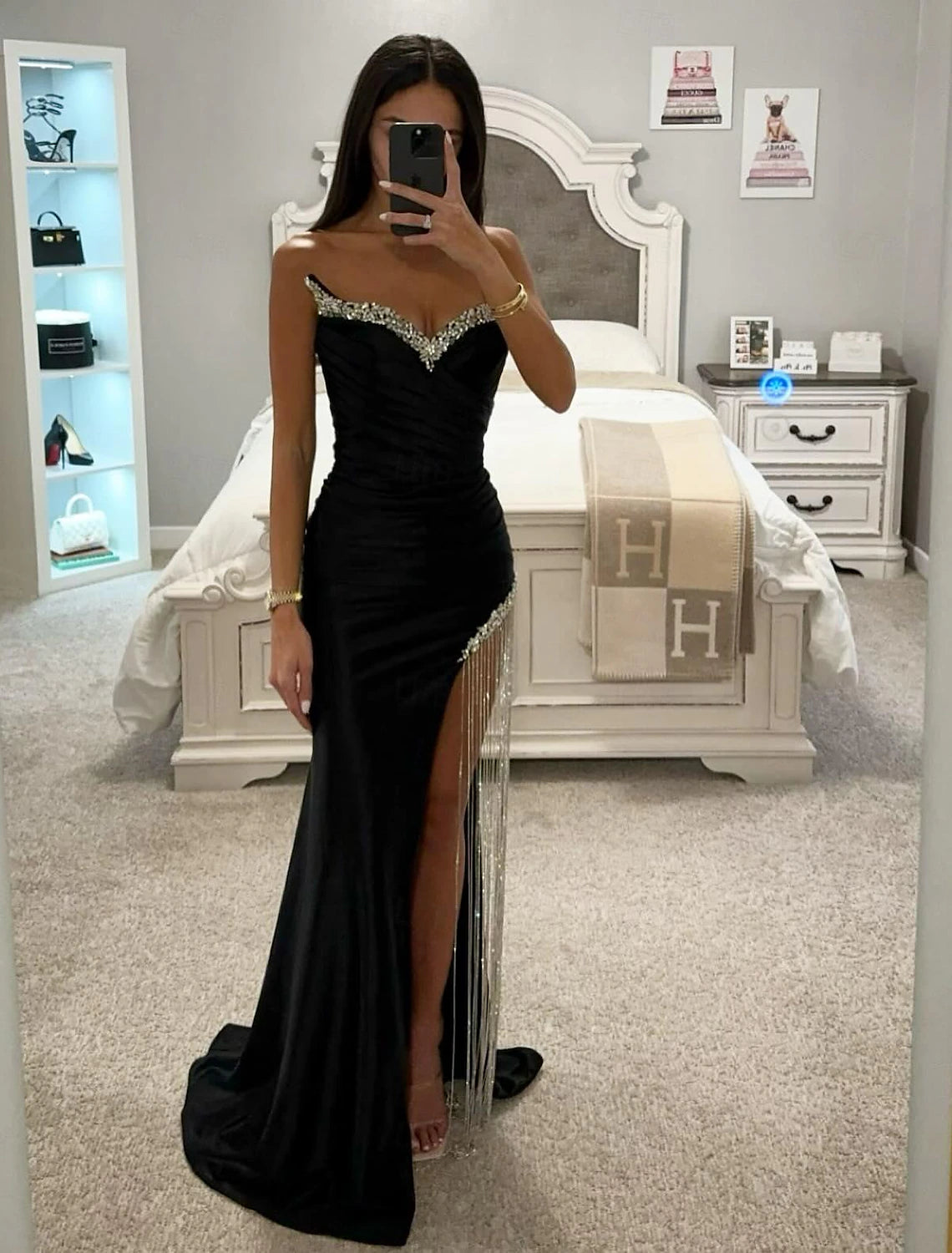 Sheath Mermaid Trumpet Formal Prom Dress  Sleeveless Floor Length Satin Party Dress with Crystals Tassel Slit