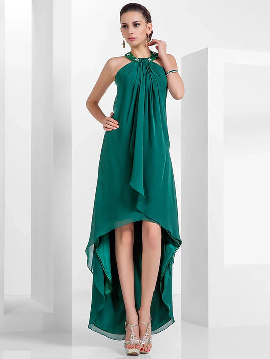 A-Line Elegant Dress Wedding Guest Asymmetrical Sleeveless Halter Chiffon Backless with Pleats Beading