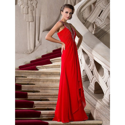 A-Line Celebrity Style Dress Formal Evening Floor Length Sleeveless Plunging Neck Chiffon with Beading