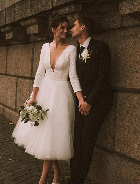 Reception Vintage  Little White Dresses Wedding Dresses A-Line V Neck Long Sleeve Tea Length Satin Bridal Gowns With Solid Color