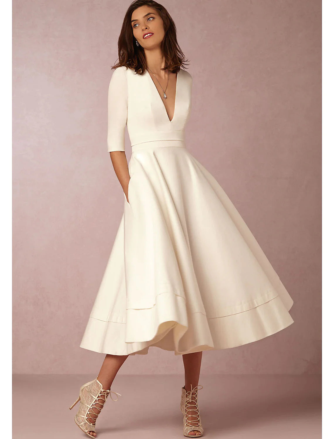 A-Line Special Occasion Dresses Party Dress Holiday Wedding Guest Tea Length Half Sleeve V Neck Pocket Jersey with Pleats White & Ivory ship in 48 hours