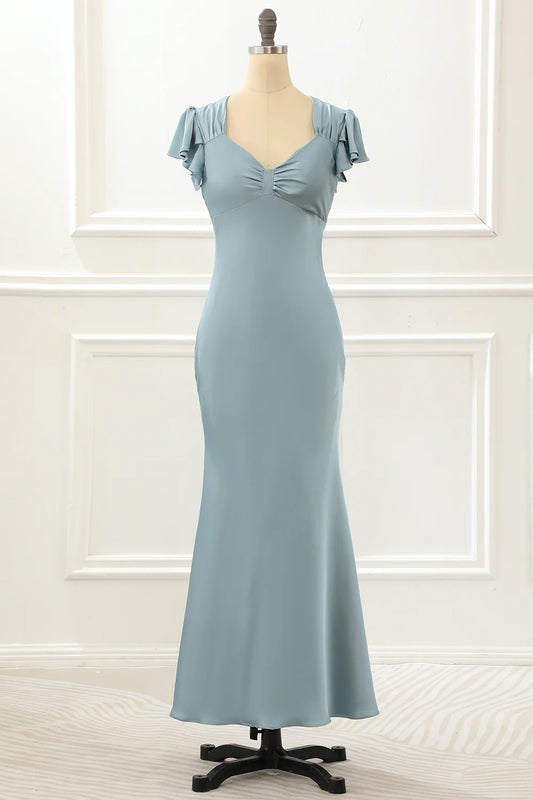 Blue V-Neck Satin Simple Wrap The Buttocks Slim-fit Prom Dress with Ruffles