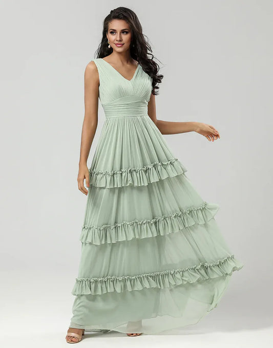 A Line Chiffon Green V-Neck Backless Bridesmaid Dress with Pleated