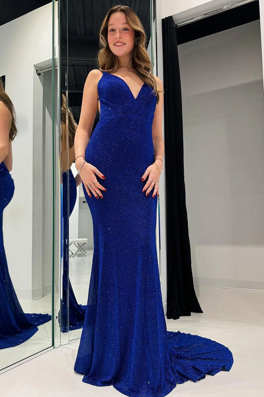 Royal Blue V-Neck Mermaid Spaghetti Straps Glitter Backless Prom Dress ﻿