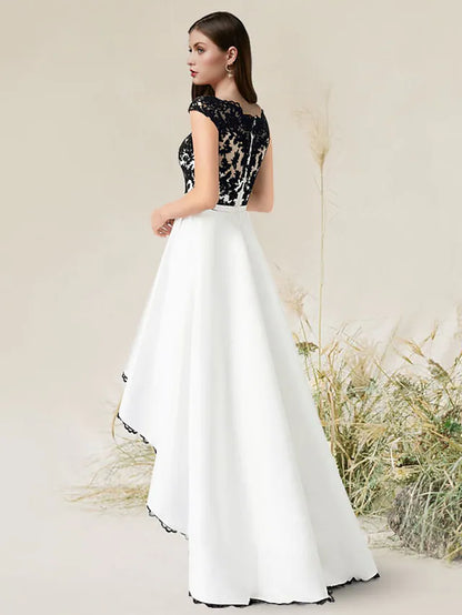 A-Line Elegant Engagement Formal Evening Dress Jewel Neck Sleeveless Asymmetrical Satin with Appliques