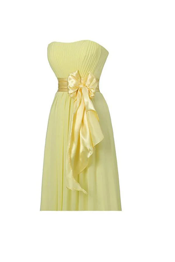 A Line Long Evening Gowns Yellow Tulle Long Prom Dress Chiffon Pleated Sleeveless Bridesmaid Dresses