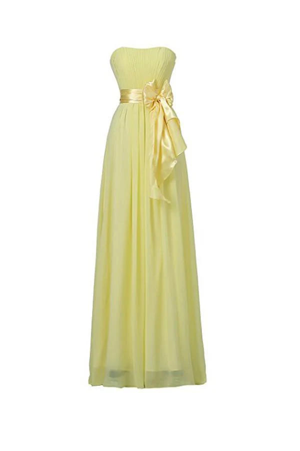 A Line Long Evening Gowns Yellow Tulle Long Prom Dress Chiffon Pleated Sleeveless Bridesmaid Dresses