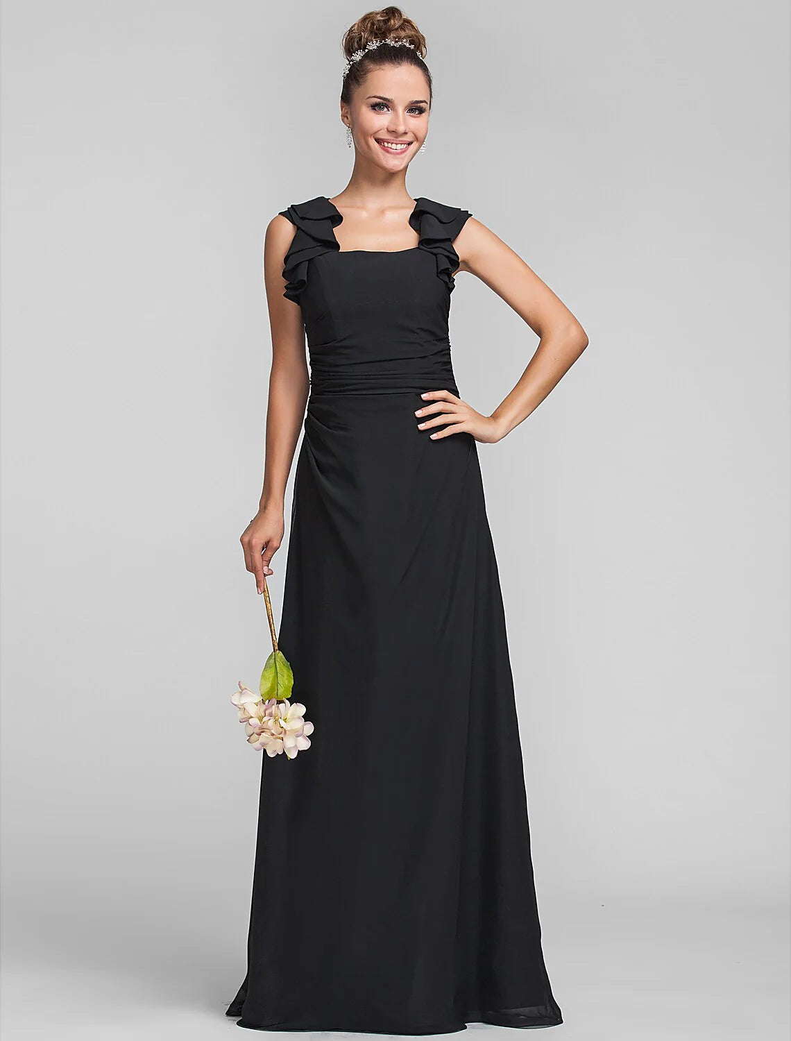 Sheath / Column Square Neck Floor Length Chiffon Bridesmaid Dress with Ruffles