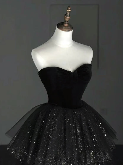 A-Line Prom Dress Heart-shaped collar Tulle Velvet Black Long layered Shining Sweet Dress