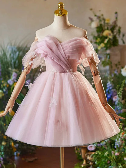 Elegant A-Line Off Shoulder Tulle Wrinkle Bead Decoration Fresh Short lovely Prom Dress