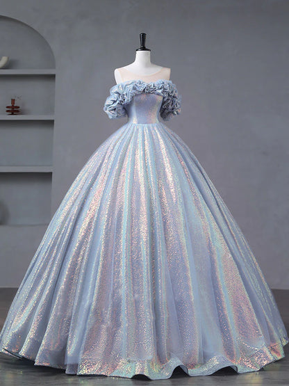 Fashion A-Line Off Shoulder Tulle Shining Sequin Long Atmosphere Prom Dress