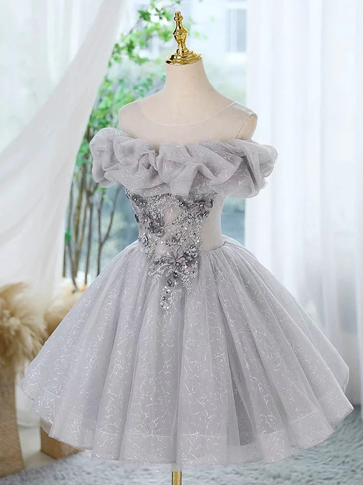 A-Line Prom Dress Scoop Neckline Off Shoulder Tulle Short Lace Bead Embroidery Dress