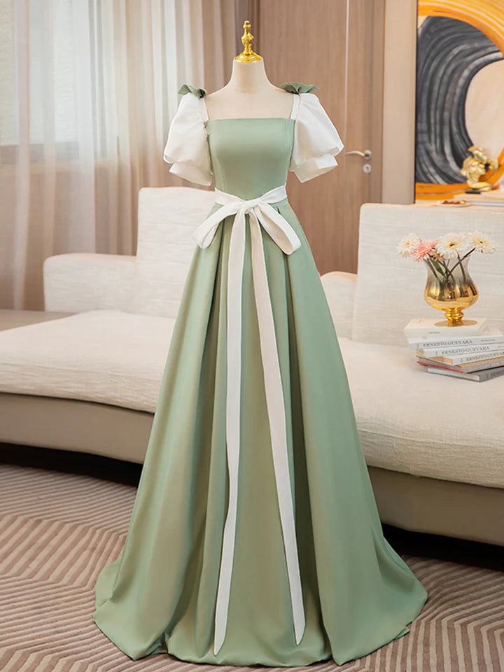 Prom Dress Puff Sleeves A-line Satin Color Blocking Long Lace up Fresh lovely Dress