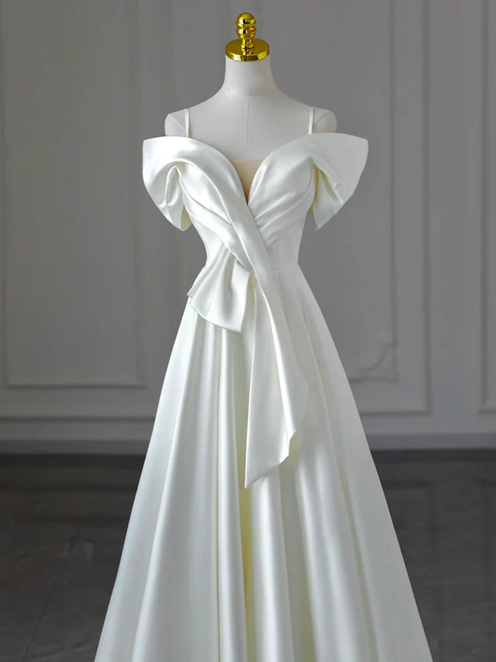 A-Line Off Shoulder Satin Simple White Long Temperament Prom Dress Long Elegant Formal Evening Dress