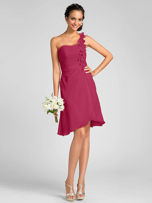 Sheath / Column Bridesmaid Dress One Shoulder Sleeveless Knee Length Chiffon with Side Draping / FlowerSheath / Column Bridesmaid Dress One Shoulder Sleeveless Knee Length Chiffon with Side Draping / Flower