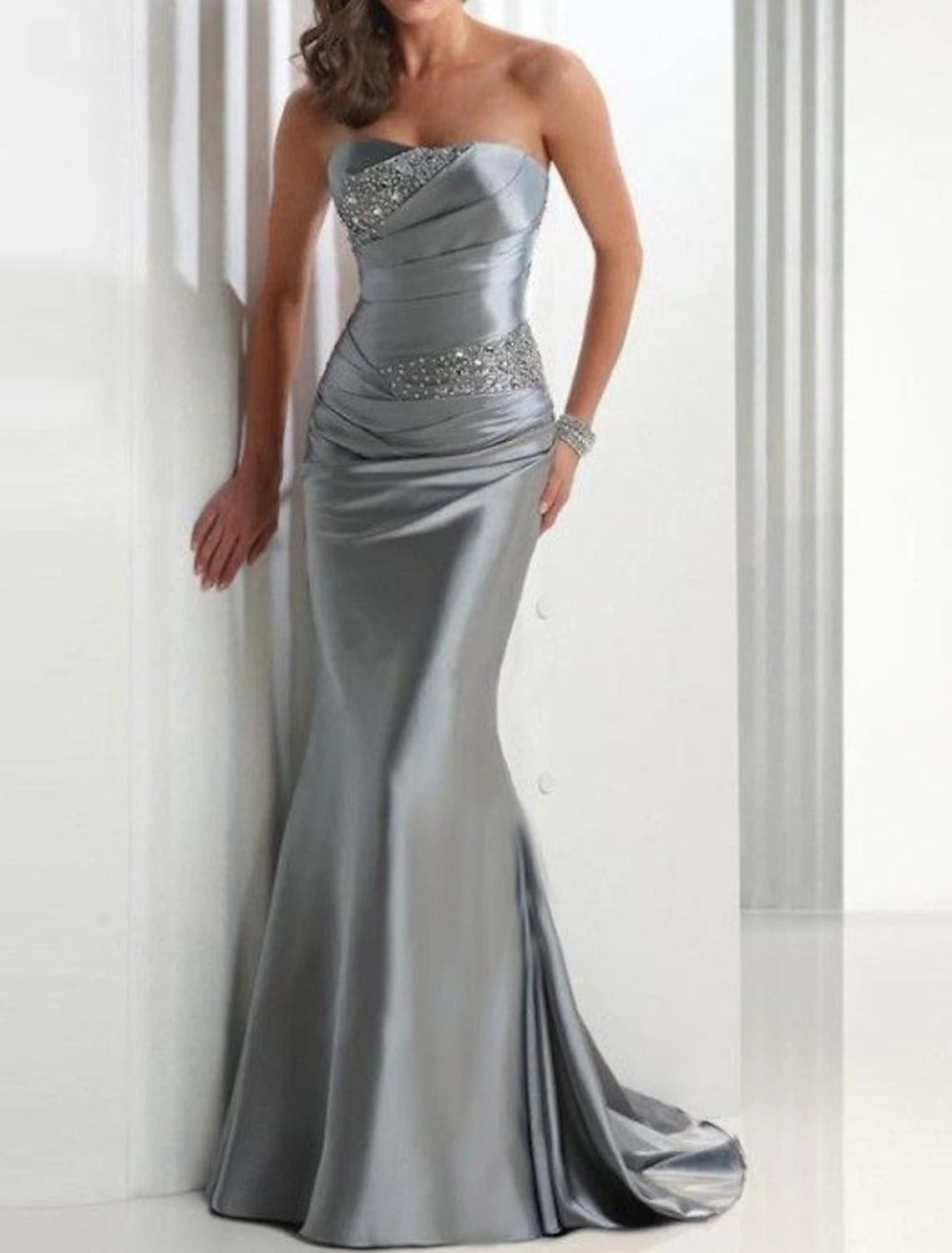 Sheath Mermaid Formal Evening Dress Strapless Wedding Guest Sleeveless Brush Train Satin Prom Dress with Crystals