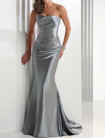 Sheath Mermaid Formal Evening Dress Strapless Wedding Guest Sleeveless Brush Train Satin Prom Dress with Crystals