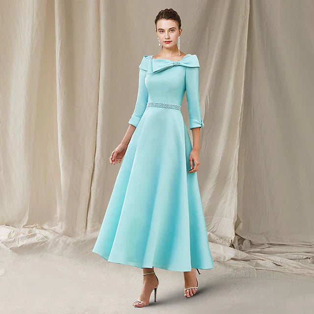 A-Line Mother of the Bride Dress Wedding Guest Luxurious Elegant Bateau Neck Ankle Length Satin 3/4 Length Sleeve with Sash / Ribbon Bow(s) Beading