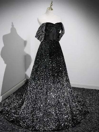 A-Line Velvet Sequin Long Black Shining Dignified Luxury Prom Dress