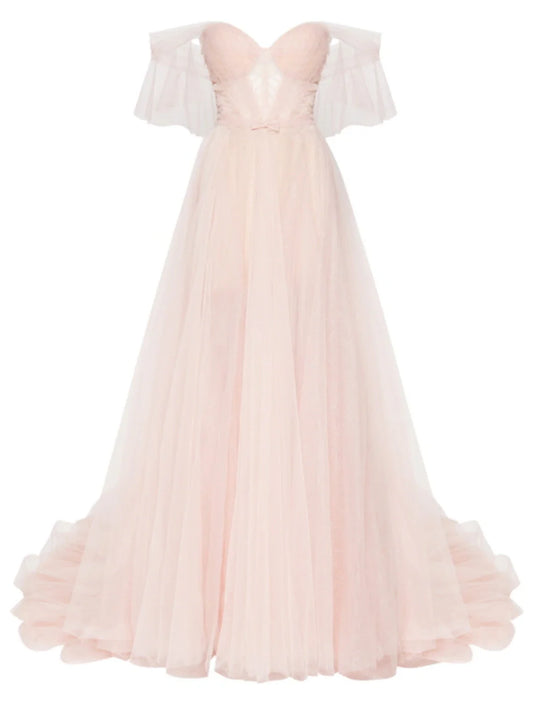 A-Line Elegant Engagement Formal Evening Dress Sweetheart Neckline Sleeveless Court Train Tulle with Bow(s) Pleats