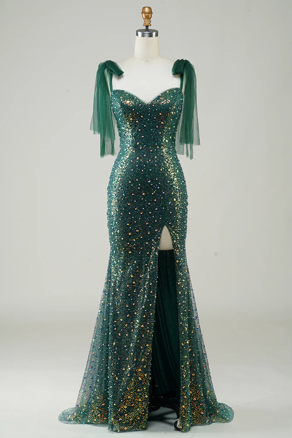 Mermaid Sleek Glitter Sparking Dark Green Sequins Long Prom Dress with Slit