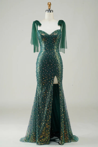 Mermaid Sleek Glitter Sparking Dark Green Sequins Long Prom Dress with Slit