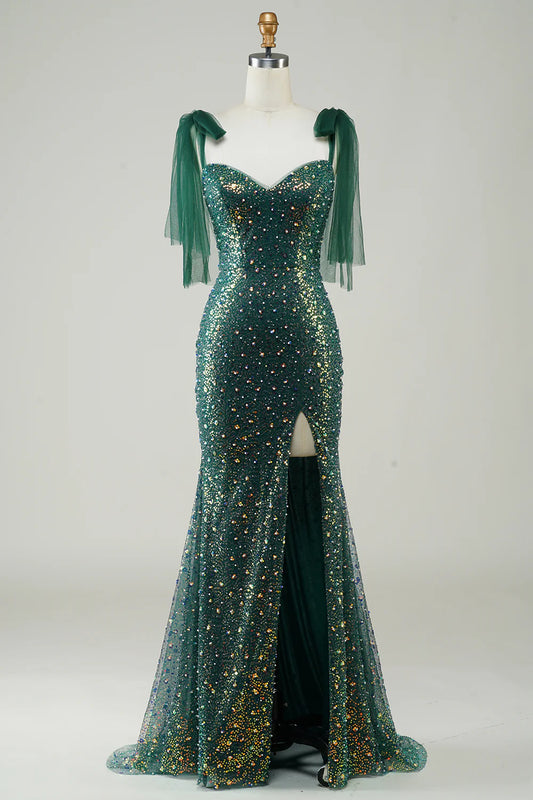 Mermaid Sleek Glitter Sparking Dark Green Sequins Long Prom Dress with Slit