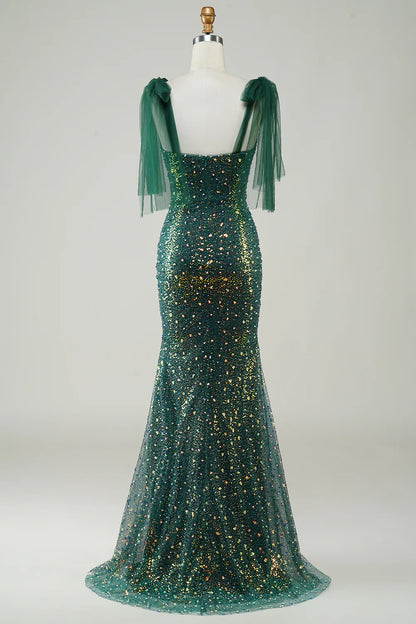 Mermaid Sleek Glitter Sparking Dark Green Sequins Long Prom Dress with Slit
