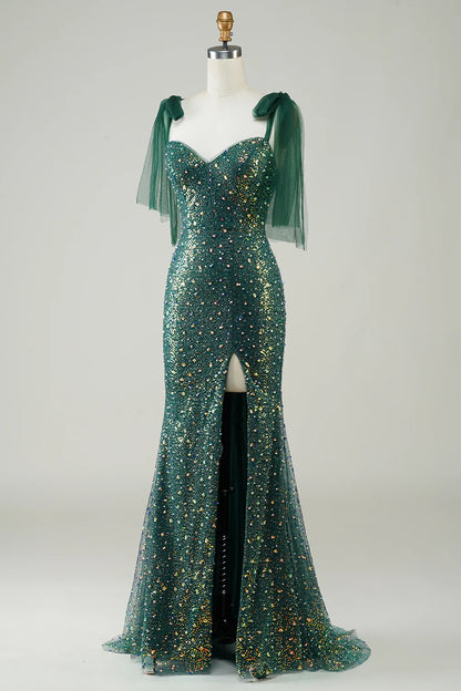 Mermaid Sleek Glitter Sparking Dark Green Sequins Long Prom Dress with Slit