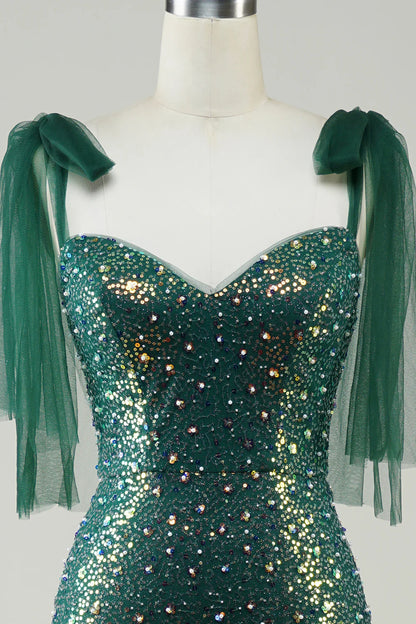 Mermaid Sleek Glitter Sparking Dark Green Sequins Long Prom Dress with Slit