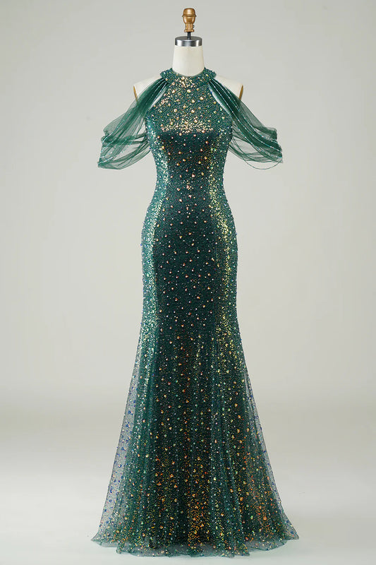 Sheath Mermaid Sparkly Dark Green Sequin Halter Neck Long Prom Dress