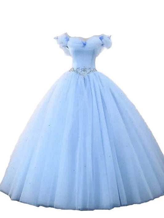 Ball Gown Prom Dresses Princess Dress Graduation Floor Length Sleeveless Off Shoulder Tulle with Pearls Beading Butterfly