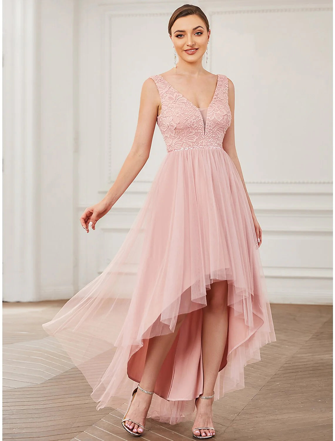 A-Line Bridesmaid Dress V Neck Sleeveless Elegant Short / Mini Lace / Tulle with Asymmetric Draping / Ruching