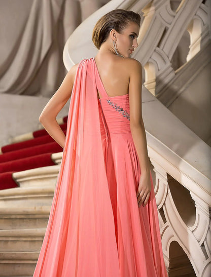 A-Line Elegant Dress Wedding Guest Court Train Sleeveless One Shoulder Chiffon with Crystals Draping