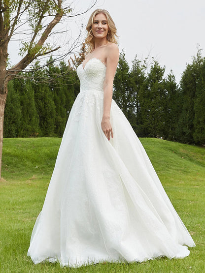 Lace Heart-shaped Collar Strapless Ruched Backless Sweep Train Sweet Elegant Wedding Dress