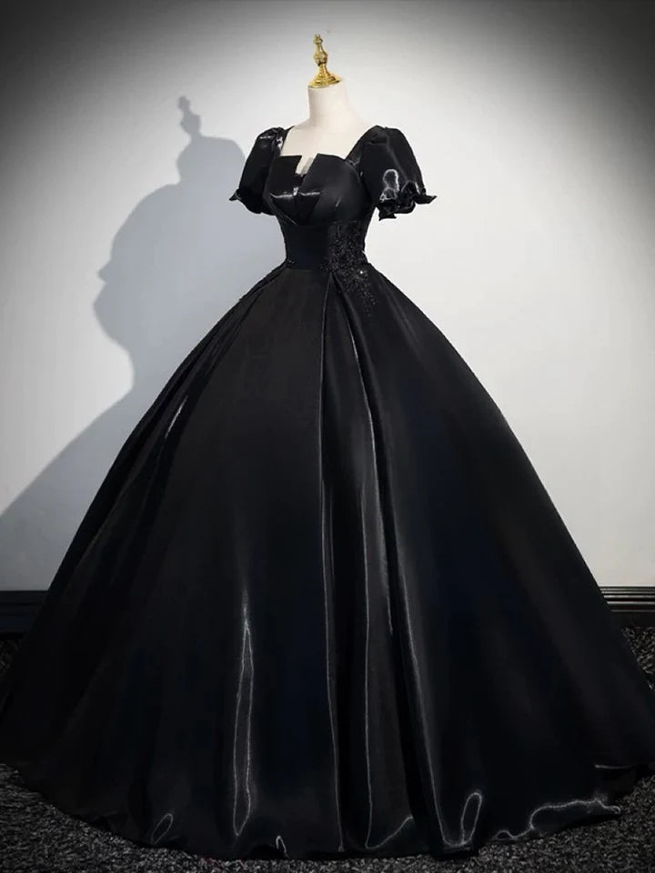 Luxury A-Line Short Sleeve Black Satin Long Fantastic Prom Dress Atmosphere Evening Dress