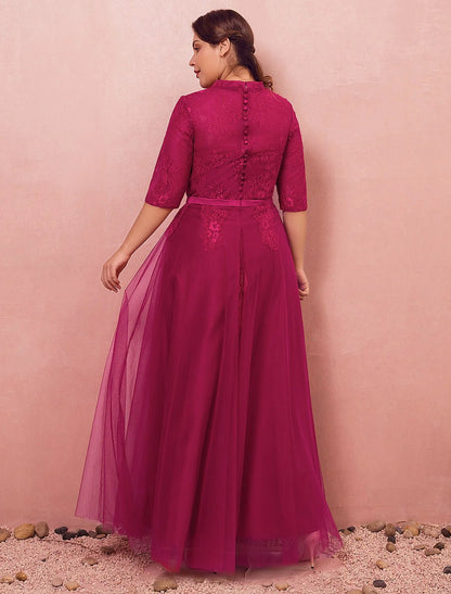 A-Line Chinese Style Plus Size Engagement Formal Evening Dress High Neck Half Sleeve Floor Length Lace with Buttons