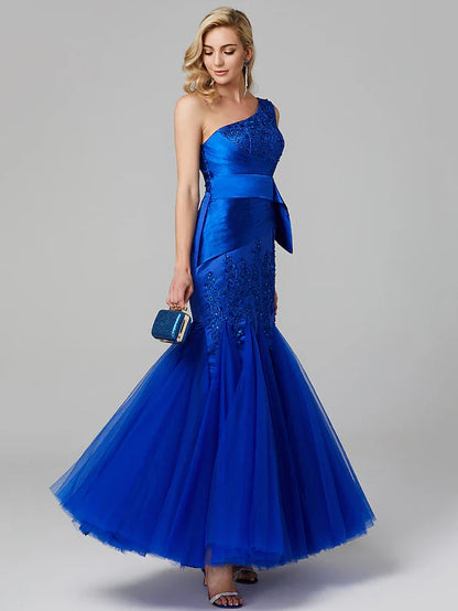 Fit & Flare Elegant Dress Holiday Floor Length Sleeveless One Shoulder Lace Over Tulle with Lace