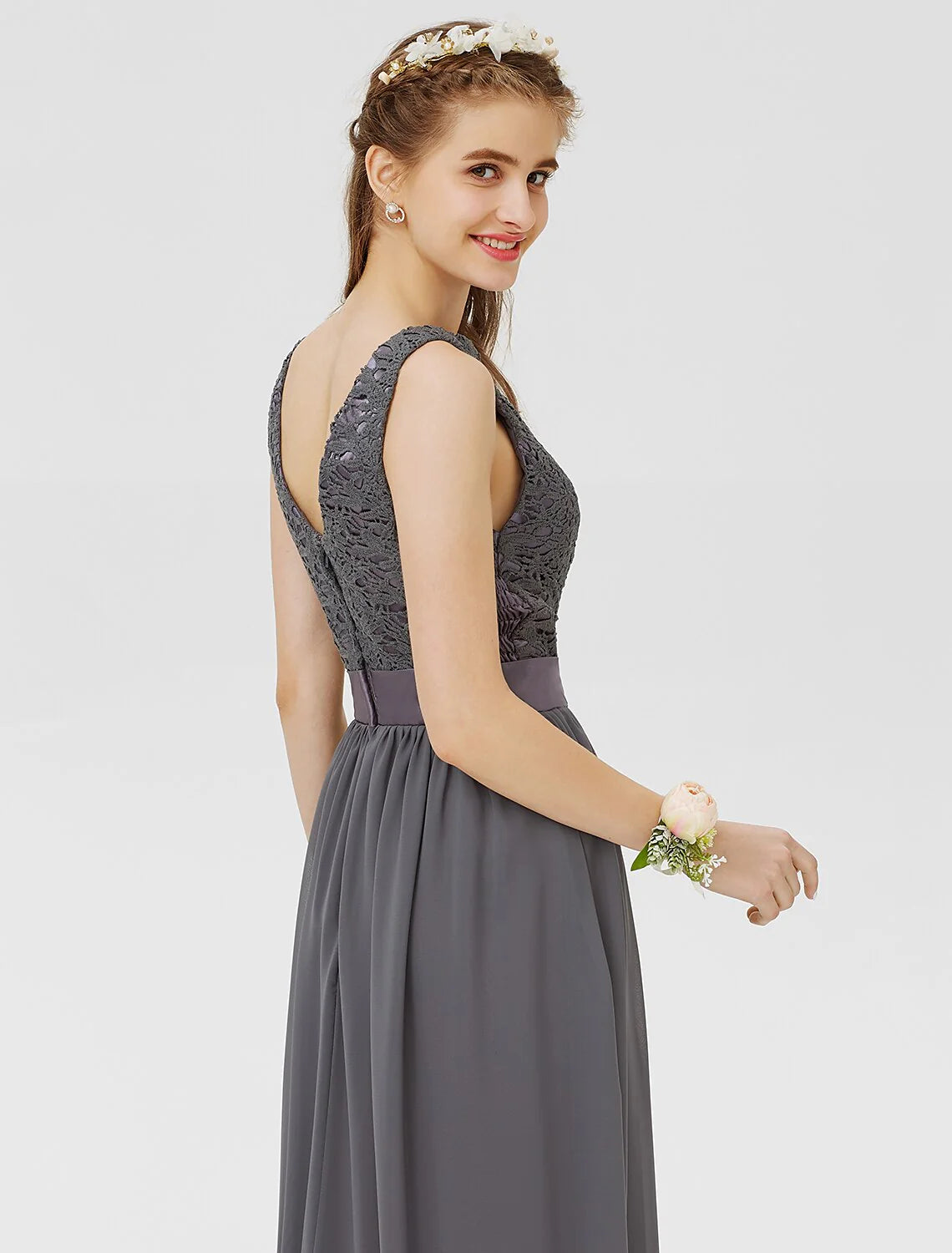 Sheath / Column Bateau Floor Length Chiffon / Floral Lace Bridesmaid Dress with Lace / Sash / Ribbon