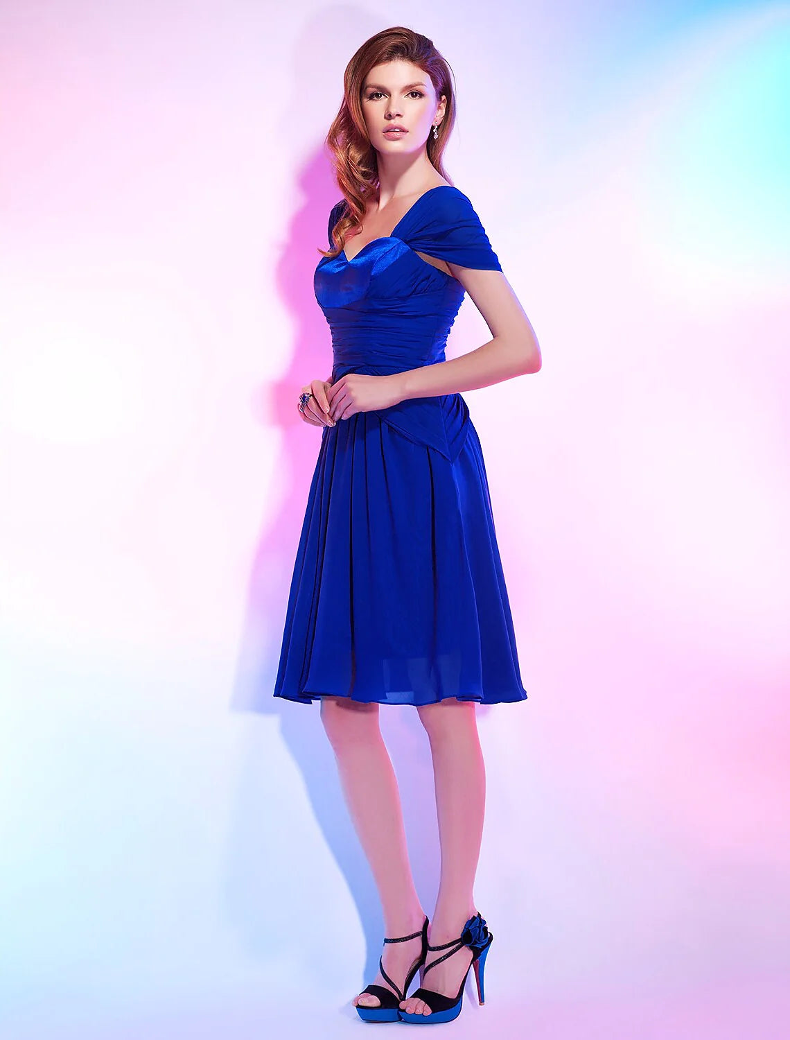 A-Line Cute Dress Homecoming Knee Length Short Sleeve Sweetheart Chiffon with Draping