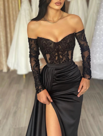 Sheath Mermaid Evening Gown Floor Length Black Dress Long Sleeve Off the Shoulder Satin Prom Dress with Appliques