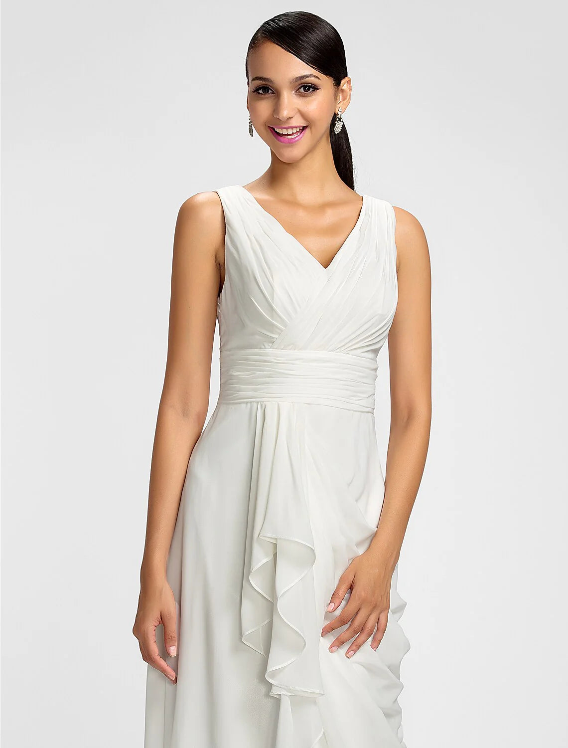 Sheath / Column V Neck Floor Length Chiffon Bridesmaid Dress with Draping / Sash / Ribbon