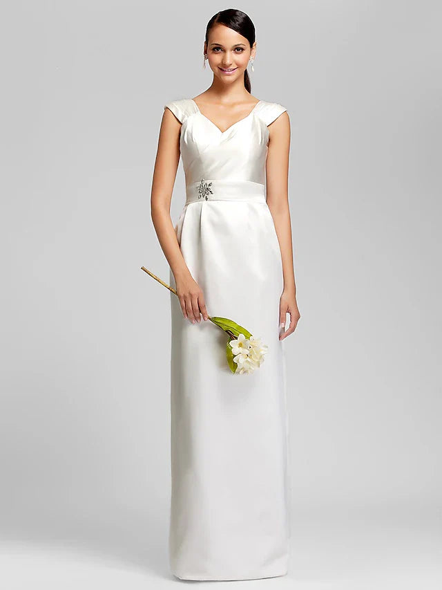 Sheath / Column Bridesmaid Dress V Neck Sleeveless Elegant Floor Length Satin with Sash / Ribbon / Beading