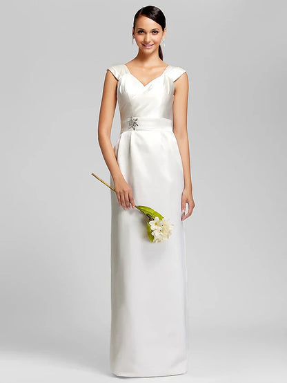 Sheath / Column Bridesmaid Dress V Neck Sleeveless Elegant Floor Length Satin with Sash / Ribbon / Beading